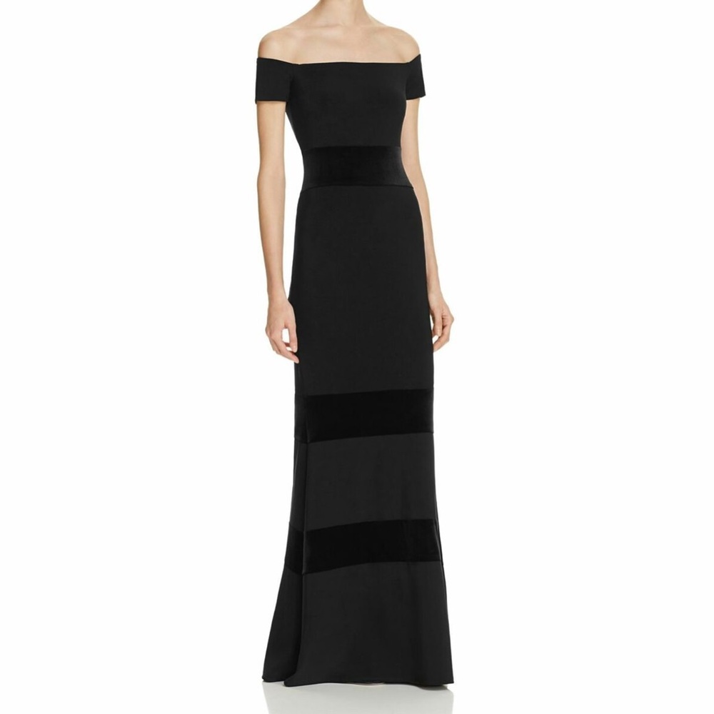 Avery G black off the shoulder velvet striped dress